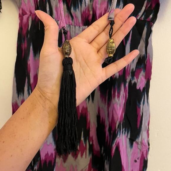 Akiko Tunic Dress Women's 100% SIlk Mini Cover Up Purple Black Small V Neck - Picture 5 of 6